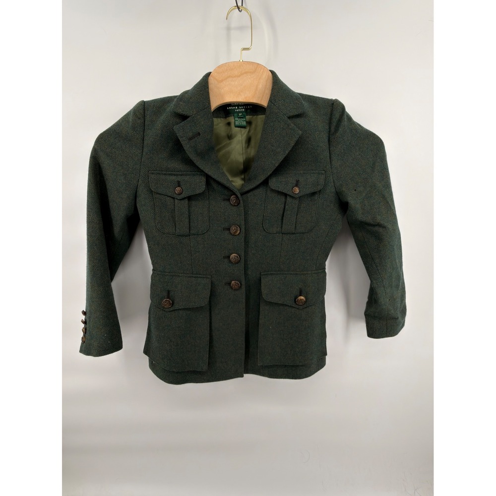 Vintage Lauren Ralph Lauren Petite Wool Blazer Green Herringbone Jacket Size 8P - Picture 1 of 9